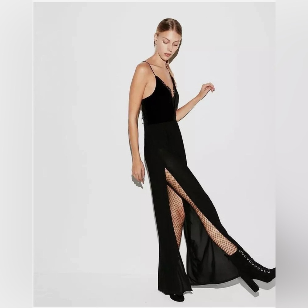 Stunning Express Black Velvet & Lace Maxi Slip Dress with Sheer High Slits